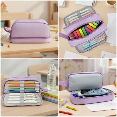 Wrapables 4 Compartment Large Capacity Pencil Case, Pencil Pouch for Stationery Tools, Lavender Image 2