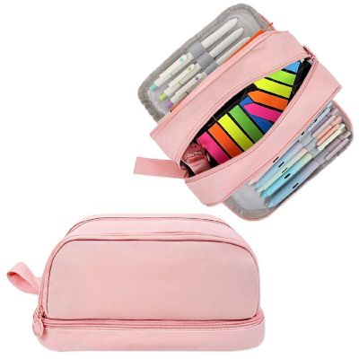 Wrapables 4 Compartment Large Capacity Pencil Case, Pencil Pouch for Stationery Tools, Pink Image 1