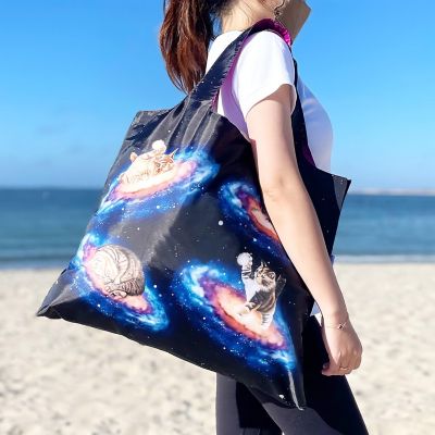 Wrapables Allybag Foldable & Lightweight Reusable Grocery Bag, Cats in Space Image 3