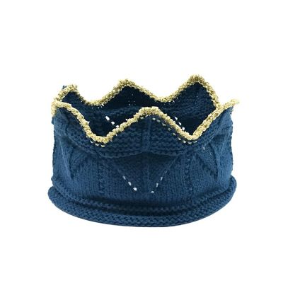 Wrapables Baby Boy & Girl Birthday Party Crochet Knitted Crown Headband Hat with Gold Trim, Blue Image 1