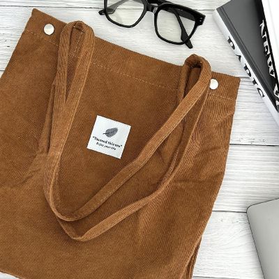 Wrapables Brown Corduroy Tote Bag, Casual Everyday Shoulder Handbag Image 3