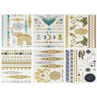 Wrapables&#174; Celebrity Inspired Temporary Tattoos in Metallic Gold Silver and Black (6 Sheets), Large, Indian Motif Image 1