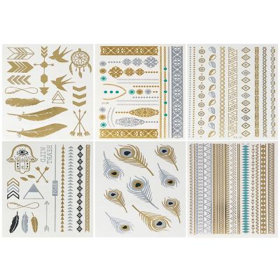 Wrapables&#174; Celebrity Inspired Temporary Tattoos in Metallic Gold Silver and Black (6 Sheets), Large, Triangles & Feathers Image 1