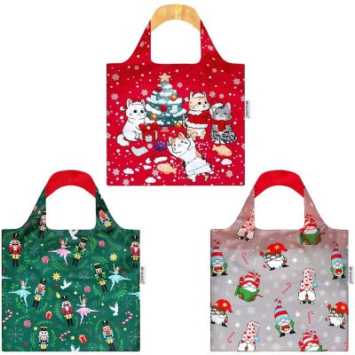 Wrapables Christmas Allybag Foldable & Lightweight Reusable Grocery Bag, 3 Pack, Festive Holiday Image 1