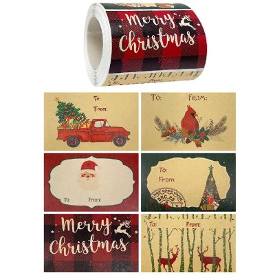 Wrapables Christmas Holiday Gift Tag Stickers and Labels Roll (300pcs), Rustic Greetings Image 1