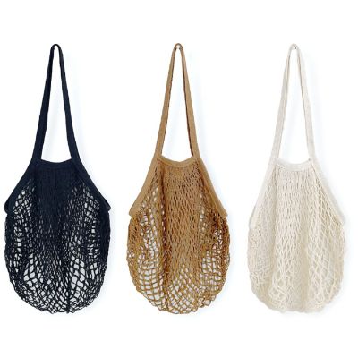Wrapables Cotton Mesh Net Shopping Bag, Grocery Bag for Vegetables, Produce (Set of 3), Black, Brown, Beige Image 1