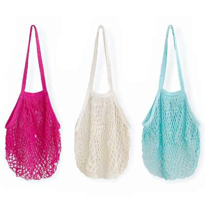 Wrapables Cotton Mesh Net Shopping Bag, Grocery Bag for Vegetables, Produce (Set of 3), Hot Pink, Beige, Teal Image 1