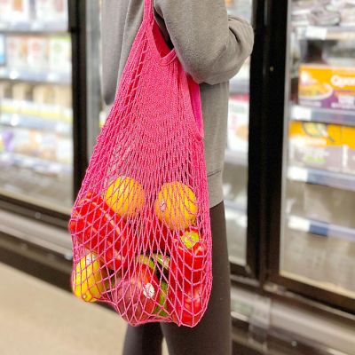 Wrapables Cotton Mesh Net Shopping Bag, Grocery Bag for Vegetables, Produce (Set of 3), Hot Pink, Beige, Teal Image 1