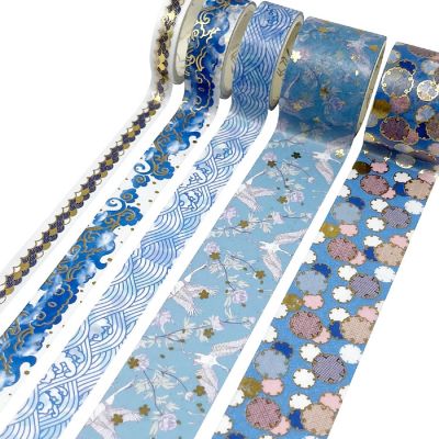 Wrapables Decorative Gold Foil Washi Tape and Sticker Set (10 Rolls & 10 Sheets), Cranes Blue Image 1