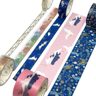 Wrapables Decorative Gold Foil Washi Tape and Sticker Set (10 Rolls & 10 Sheets), Cranes Blue Image 2