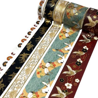 Wrapables Decorative Gold Foil Washi Tape and Sticker Set (10 Rolls & 10 Sheets), Cranes Floral Image 1