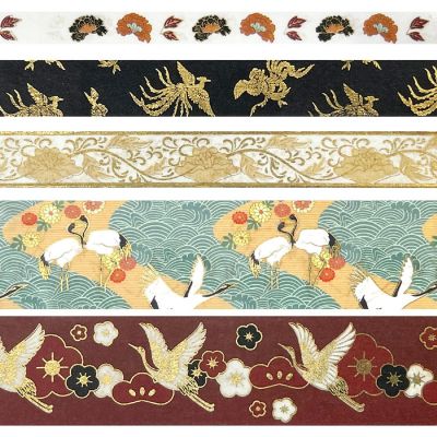 Wrapables Decorative Gold Foil Washi Tape and Sticker Set (10 Rolls & 10 Sheets), Cranes Floral Image 3