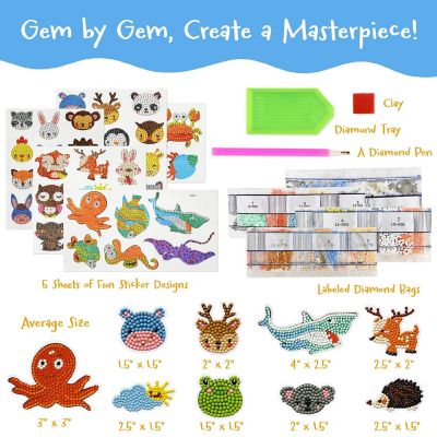 Wrapables Diamond Art Kits, 5D Gem Painting DIY Arts &amp; Crafts Stickers, 44pcs Assorted Animals Image 1