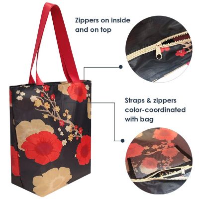 Wrapables Foldable Lightweight Tote Bag with Durable Ripstop Polyester for Shopping, Travel, Gym, Beach, Casual, Everyday, Small, Blossoms Dark Image 2