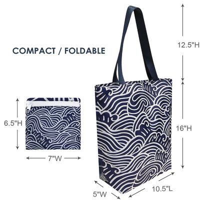 Wrapables Foldable Lightweight Tote Bag with Durable Ripstop Polyester for Shopping, Travel, Gym, Beach, Casual, Everyday, Small, Waves Image 1