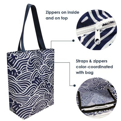 Wrapables Foldable Lightweight Tote Bag with Durable Ripstop Polyester for Shopping, Travel, Gym, Beach, Casual, Everyday, Small, Waves Image 2