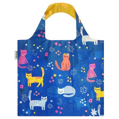 Wrapables Foldable Reusable Shopping Bags, Blue Cats Image 1
