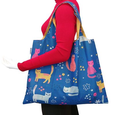 Wrapables Foldable Reusable Shopping Bags, Blue Cats Image 2