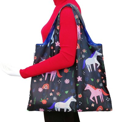 Wrapables Foldable Reusable Shopping Bags, Unicorns Black Image 3