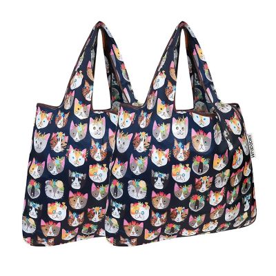 Wrapables Foldable Tote Nylon Reusable Grocery Bag (Set of 2), Crazy Cats Image 1
