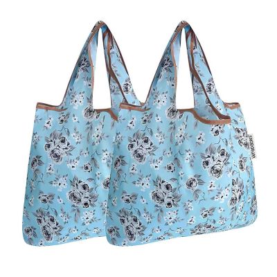 Wrapables Foldable Tote Nylon Reusable Grocery Bag (Set of 2), Gray Floral Image 1
