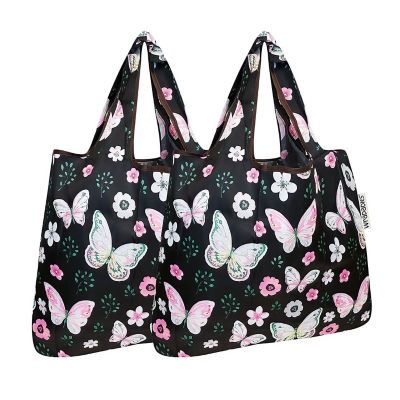 Wrapables Foldable Tote Nylon Reusable Grocery Bag (Set of 2), Midnight Butterfly Image 1