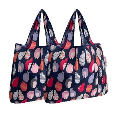 Wrapables Foldable Tote Nylon Reusable Grocery Bag (Set of 2), Stylish Kitties Image 1