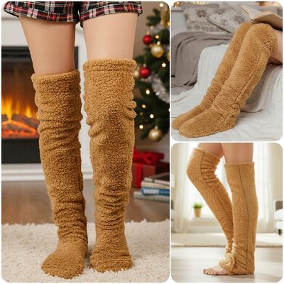 Wrapables Fuzzy Thigh High Leg Warmer Socks, Tan Image 2
