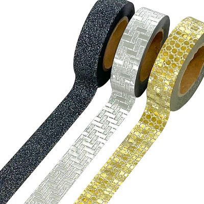 Wrapables Glitter and Shine Washi Tapes Decorative Masking Tapes (Set of 3), Onyx Glitz and Glitter Image 1