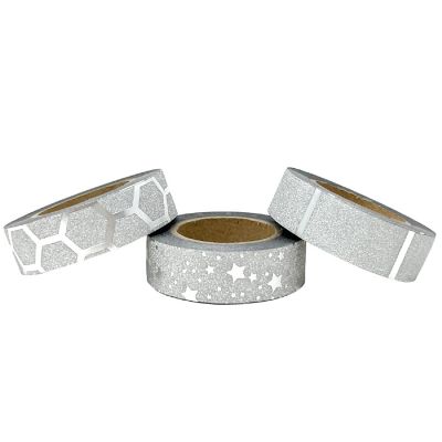 Wrapables Glitter and Shine Washi Tapes Decorative Masking Tapes (Set of 3), Silver Glitter Stars Image 1