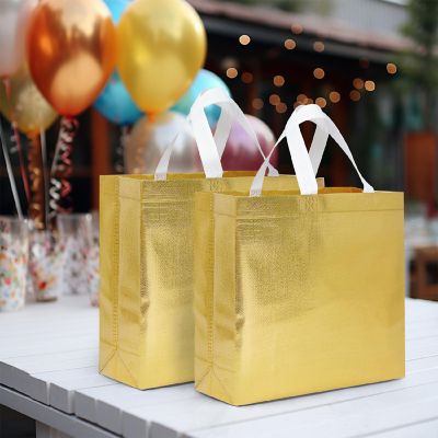 Wrapables Gold Glossy Non-Woven Reusable Gift Bags with Handles (Set of 8) Image 2