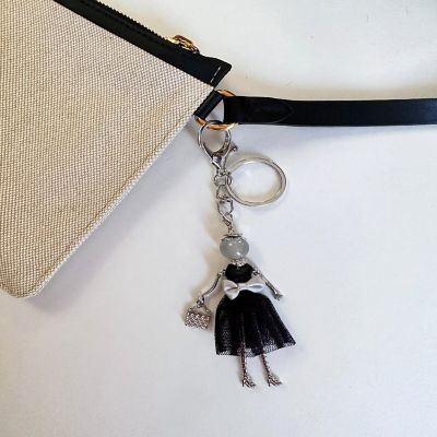 Wrapables Hanging Fashionista Doll Keychain, Crystal Rhinestone Keyring Bag Charm, Black Bow Image 2