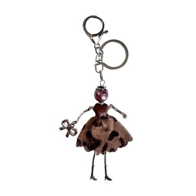 Wrapables Hanging Fashionista Doll Keychain, Crystal Rhinestone Keyring Bag Charm, Brown Animal Print Image 1