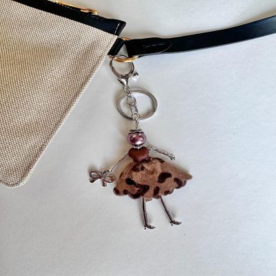 Wrapables Hanging Fashionista Doll Keychain, Crystal Rhinestone Keyring Bag Charm, Brown Animal Print Image 2