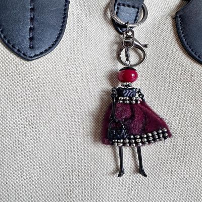 Wrapables Hanging Fashionista Doll Keychain, Crystal Rhinestone Keyring Bag Charm, Burgundy Retro Image 2