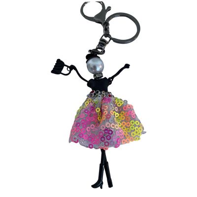 Wrapables Hanging Fashionista Doll Keychain, Crystal Rhinestone Keyring Bag Charm, Pink & Yellow Sequins Image 1