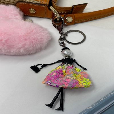 Wrapables Hanging Fashionista Doll Keychain, Crystal Rhinestone Keyring Bag Charm, Pink & Yellow Sequins Image 2