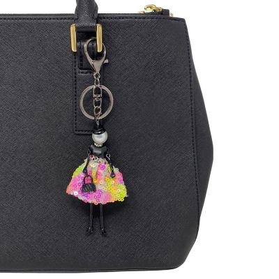 Wrapables Hanging Fashionista Doll Keychain, Crystal Rhinestone Keyring Bag Charm, Pink & Yellow Sequins Image 3