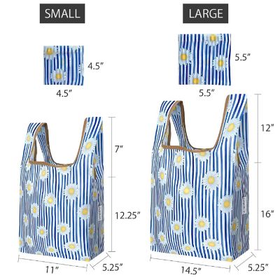 Wrapables JoliBag Nylon Reusable Grocery Bag, 2 Pack, Daisies & Stripes Image 1