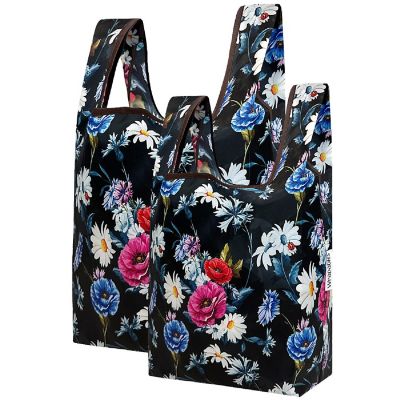 Wrapables JoliBag Nylon Reusable Grocery Bag, 2 Pack, Electric Flowers Image 1