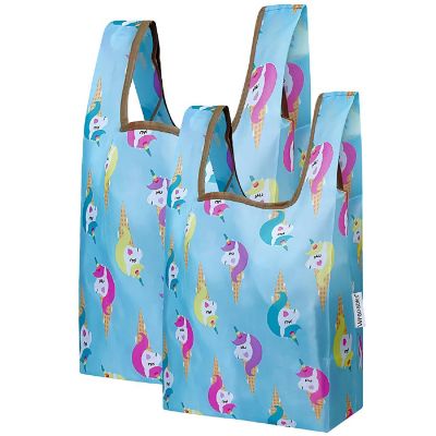 Wrapables JoliBag Nylon Reusable Grocery Bag, 2 Pack, Unicorn Ice Cream Image 1