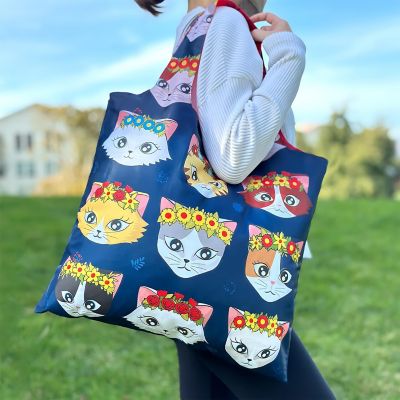 Wrapables Large & Small Allybag Foldable & Lightweight Reusable Grocery Bags (Set of 2), Cats & Crowns Image 2