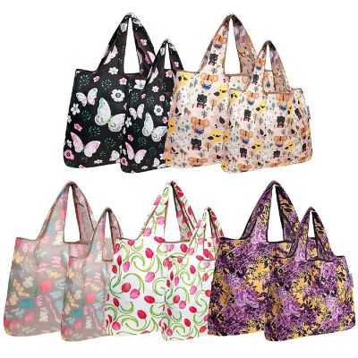 Wrapables Large & Small Foldable Tote Nylon Reusable Grocery Bags, Set of 10, Butterflies, Tulips, Doodle Image 1