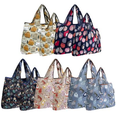 Wrapables Large & Small Foldable Tote Nylon Reusable Grocery Bags, Set of 10, Cat, Cat, Owl Image 1