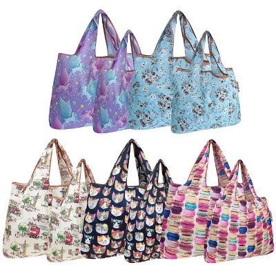 Wrapables Large & Small Foldable Tote Nylon Reusable Grocery Bags, Set of 10, Cats, Unicorns, Macarons Image 1