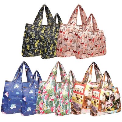 Wrapables Large & Small Foldable Tote Nylon Reusable Grocery Bags, Set of 10, Deer, Unicorns, Flamingos Image 1