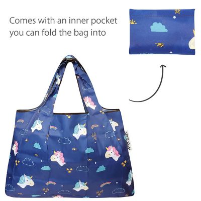 Wrapables Large & Small Foldable Tote Nylon Reusable Grocery Bags, Set of 10, Deer, Unicorns, Flamingos Image 3