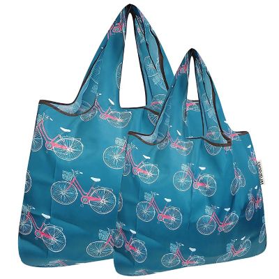 Wrapables Large & Small Foldable Tote Nylon Reusable Grocery Bags, Set of 2, Bicycles Image 1