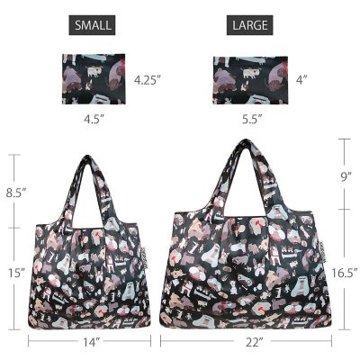 Wrapables Large & Small Foldable Tote Nylon Reusable Grocery Bags, Set of 2, Black Dogs Image 1