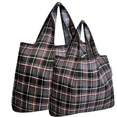 Wrapables Large & Small Foldable Tote Nylon Reusable Grocery Bags, Set of 2, Black Plaid Image 1